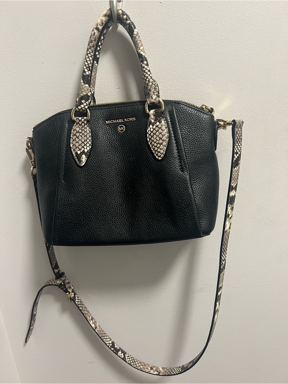 Michael Kors Black Pebbled Leather Satchel with Snake-Print Trim